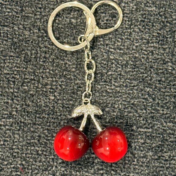 Dark Red Cherry & Green Rhinestone Leaf Keychain/Bag Charm (NWT) - Picture 3 of 6